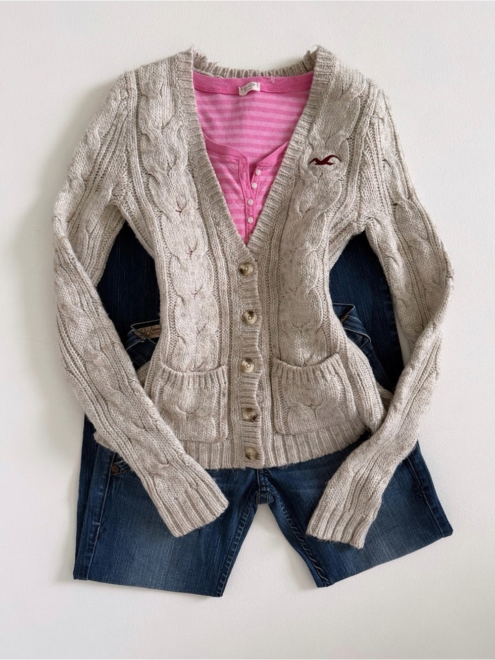 Hollister Beige Cable Knit Button-Up Cardigan
